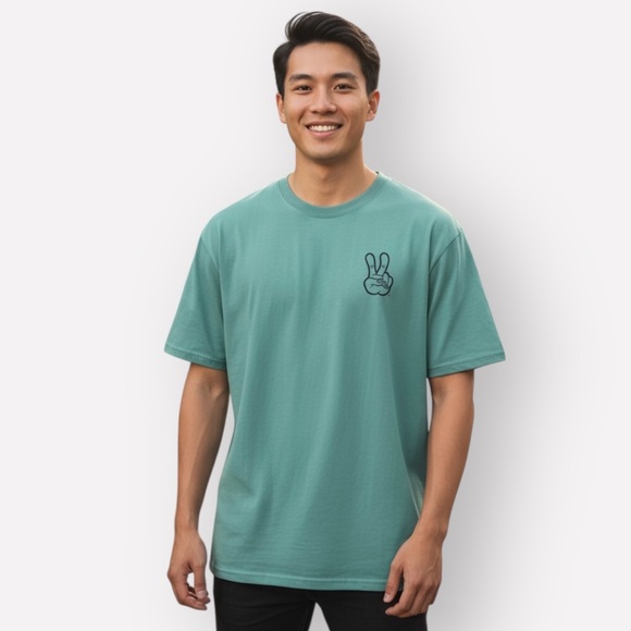 Dutch Bros Coffee Graphic T-Shirt Peace Sign Turquoise Cotton Men’s Size L - Picture 1 of 4